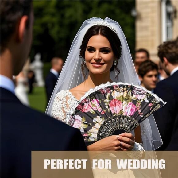 Elegant Floral Lace Folding Hand Fan – 6 Pieces Black with Colorful Roses - Picture 4 of 5